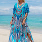 Bohemian Seaside Plus Size Print Kaftan Maxi Dress V Neck Slit Loose Robe Women Summer Beachwear Swimsuit Cover-ups