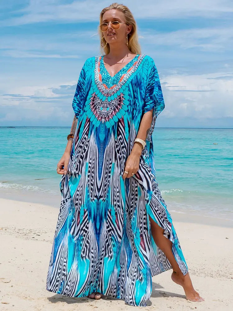 Bohemian Seaside Plus Size Print Kaftan Maxi Dress V Neck Slit Loose Robe Women Summer Beachwear Swimsuit Cover-ups