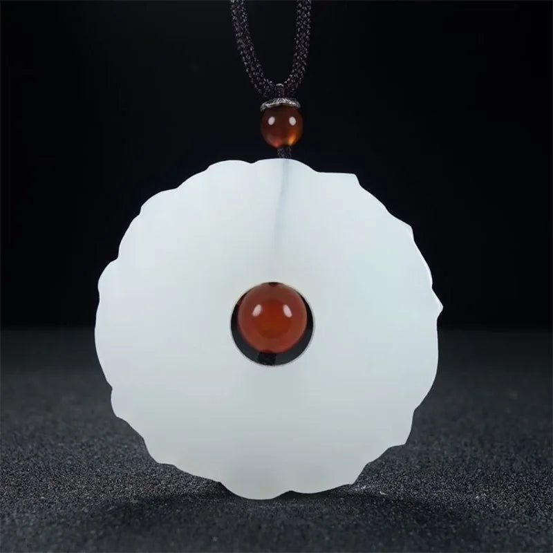 Natural White Jade Lotus Pendant Round Snow Lotus Necklace Hand-carved Charm Jewelry