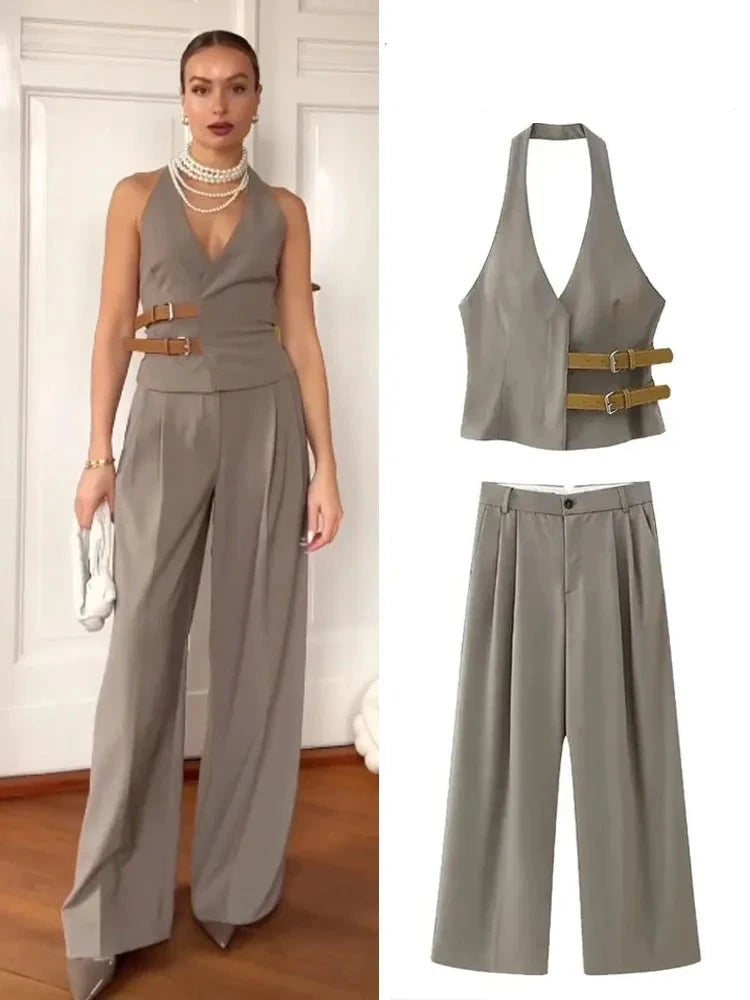 Women 2 Piece Set Fashion Backless Button-up With Belt Cropped Halter V-Neck Vest Top Loose Casual High Waist Long Pants