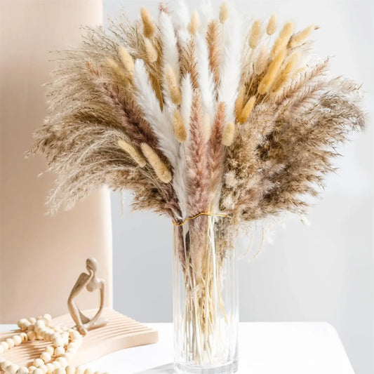 105pcs Natural Dried Flowers Pampas Floral Bouquet Boho Home Decoration Rabbit Tail Grass Reed