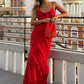 Sexy Spaghetti Strap Backless Lace-up Ruffles Long Maxi Evening Party Prom Dress