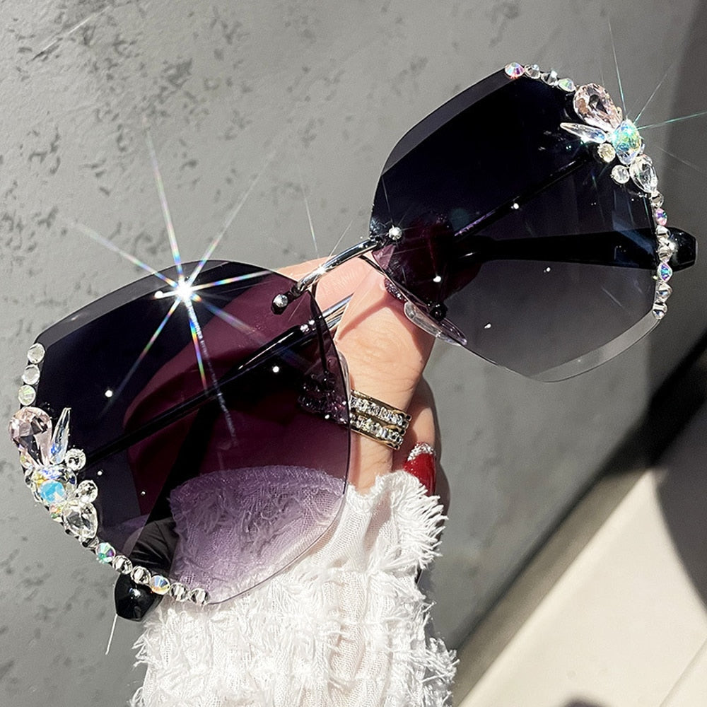 Luxury Vintage Rimless Rhinestone Sunglasses Fashion Gradient Lens Sun Glasses Shades for Female