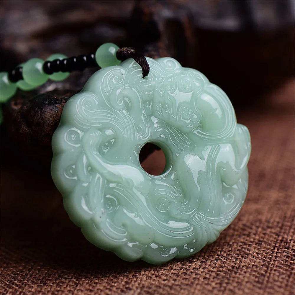 Fashion Green Jade Hand-Carved Dragon Hollow Jade Pendant Necklace Multicolor Amulet Lucky Jewelry Gift