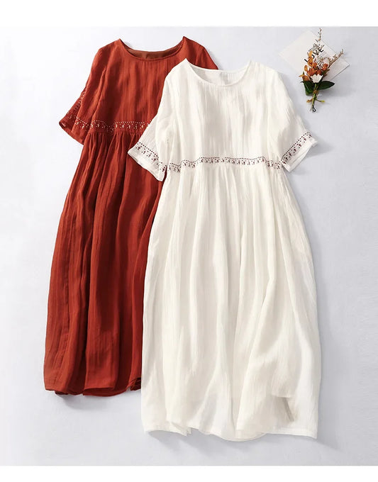 Retro Cotton Linen Summer Loose Breathable Embroidery Round Neck Casual Dress