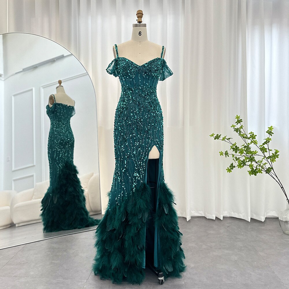 Luxury Pink Mermaid Feathers Prom Dresses Spaghetti Straps Green Black Blue Women Wedding Evening Dress