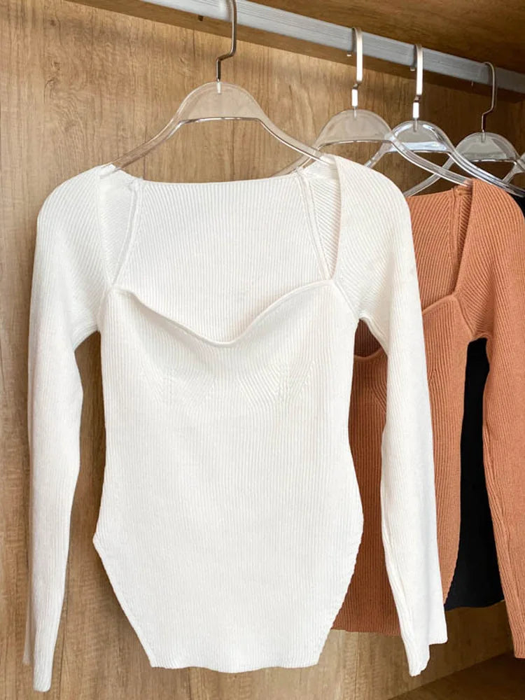 Square Collar Long Sleeve Woman Sweaters Knitted Pullover Women Spring Autumn Sweater Winter Tops  Jumper