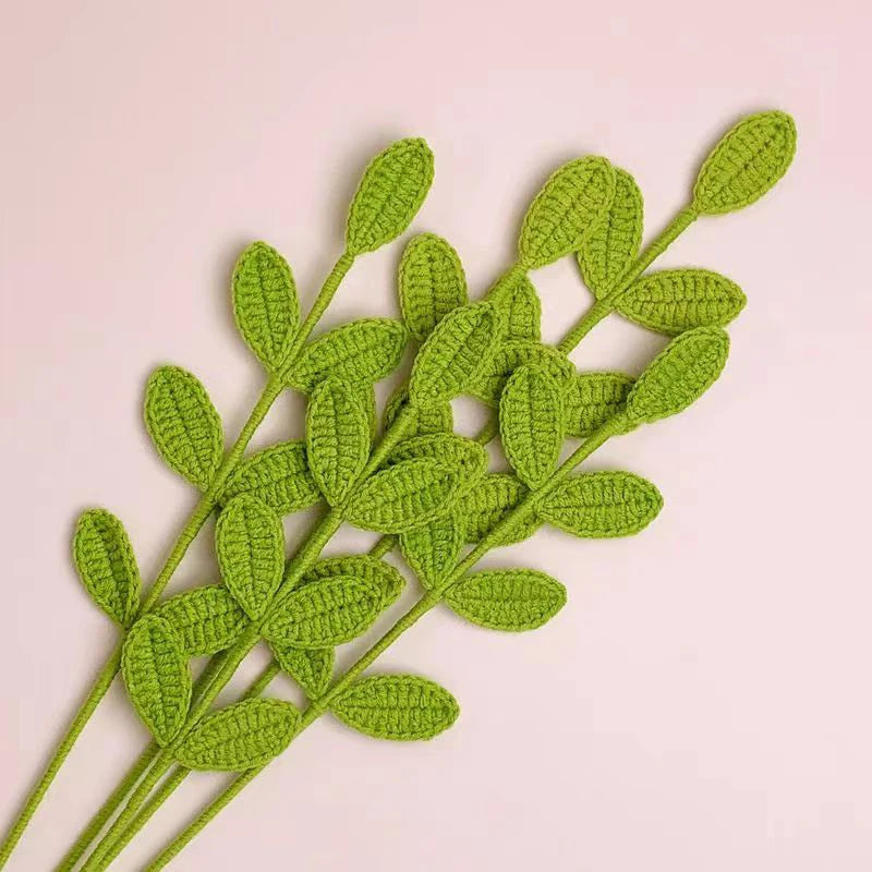 Handmade Crochet Green Leaf Artificial Plant Hand-knitted Leaves Fake Eucalyptus Cotton Wool Leaves Crafts Home Decor