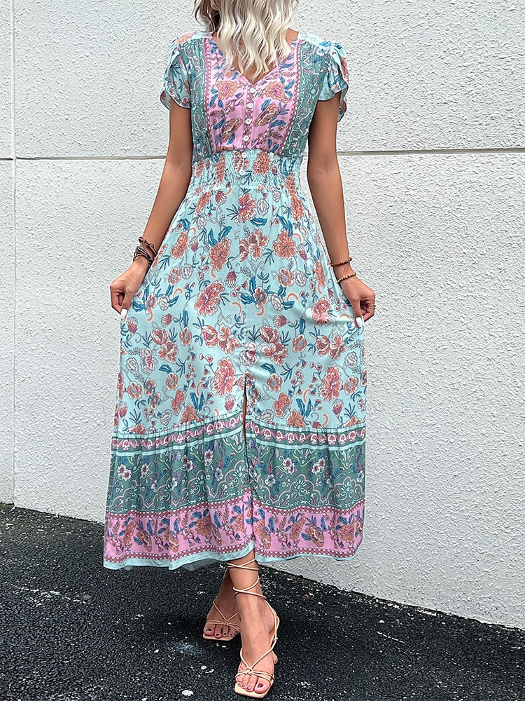 Vintage Floral Boho Printed Vestidos Women Short Sleeves V Neck Slit Midi Dresses A Line Bohemian Summer Beach Dress