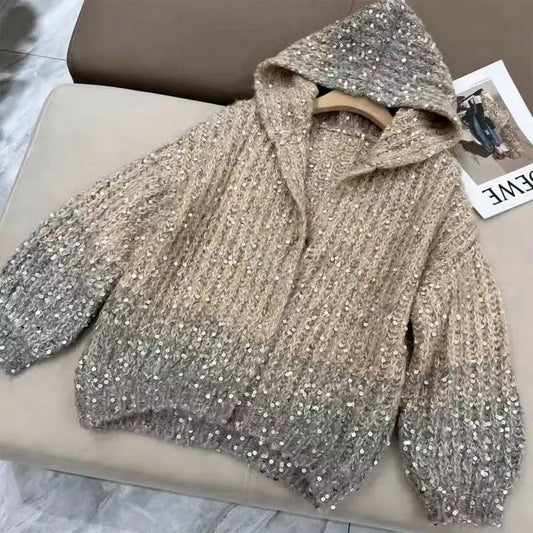 Autumn Winter Maillard Sequined Cardigan Jakcet Loose Hooded Knitted Sweater Coat Women's Winter Thick Warmer Sweater