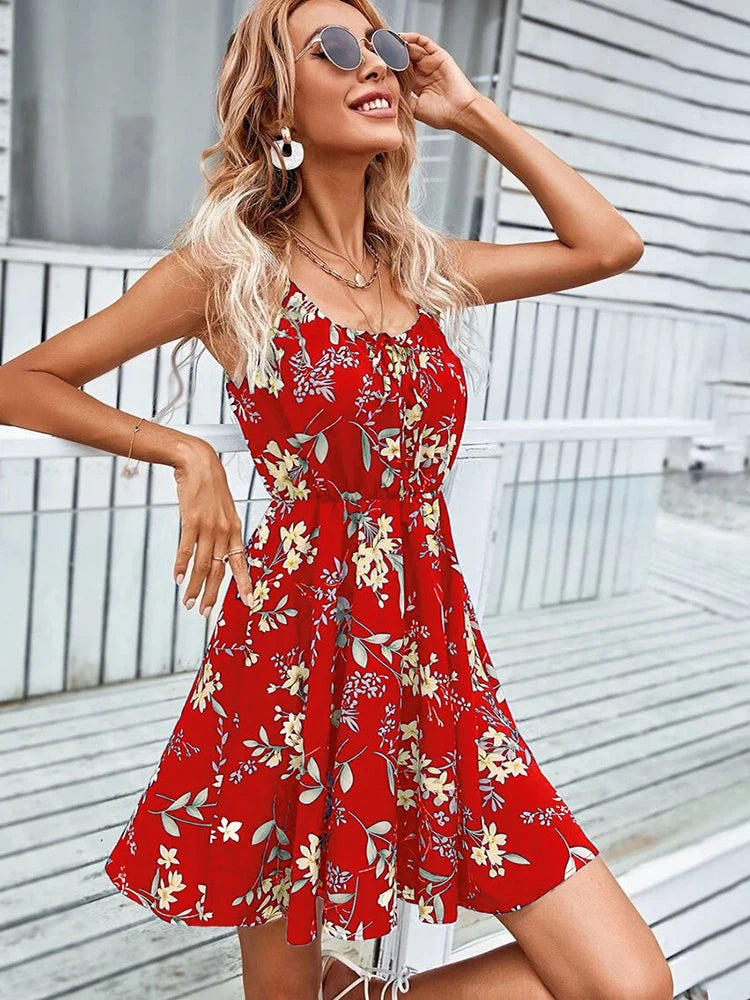 Sexy Floral Print Short Dress Beach Sundress Casual Sleeveless Lace-up