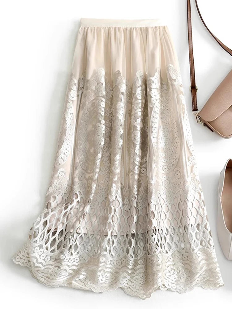 Crochet Lace Tulle Midi Long Skirt for Women Vintage Elegant Hollow Out A Line High Waist