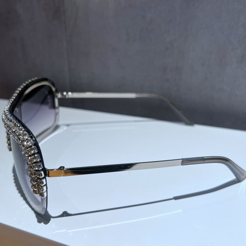 Luxury Oversized Sunglasses Women Metal Rimless Vintage Silver Sun Glasses Big Rhinestone Feamle Shades