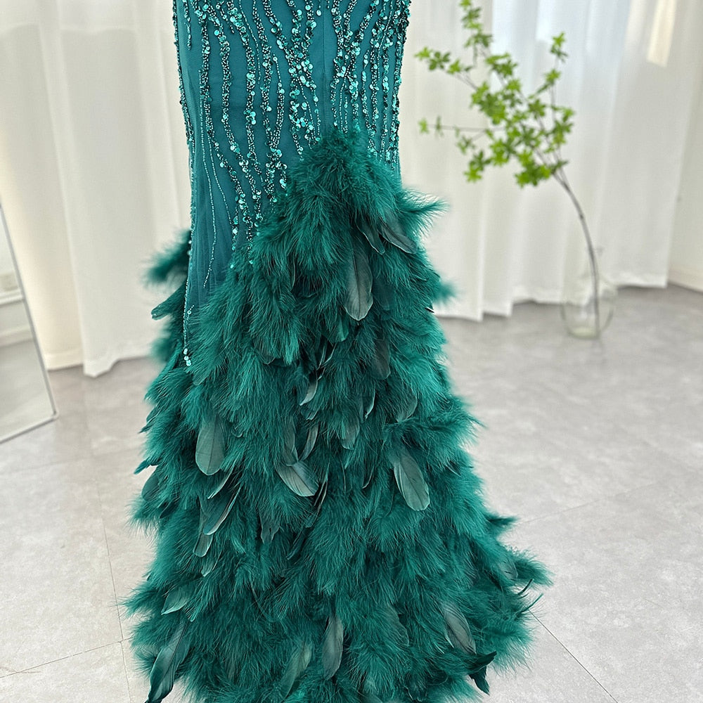 Luxury Pink Mermaid Feathers Prom Dresses Spaghetti Straps Green Black Blue Women Wedding Evening Dress