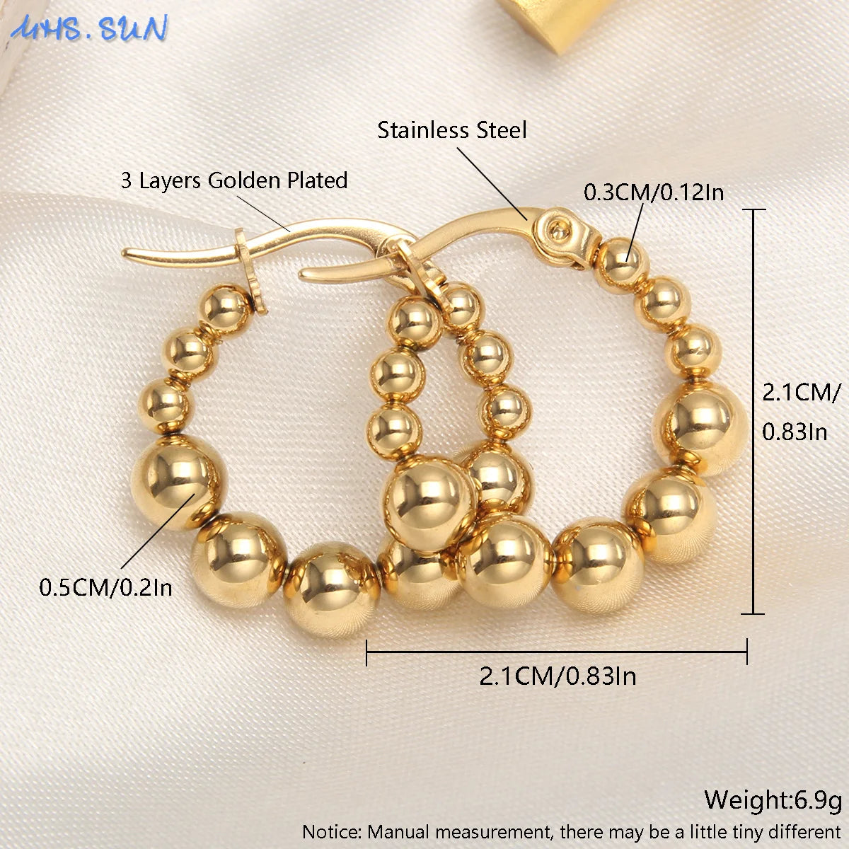 Luxury Gold Plated Square Round Stainless Steel Hoop Earrings Cross Ball Beads Earring