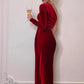 Women Elegant Long Sleeve Party Evening Velvet Bodycon Split Pencil Midi Dress