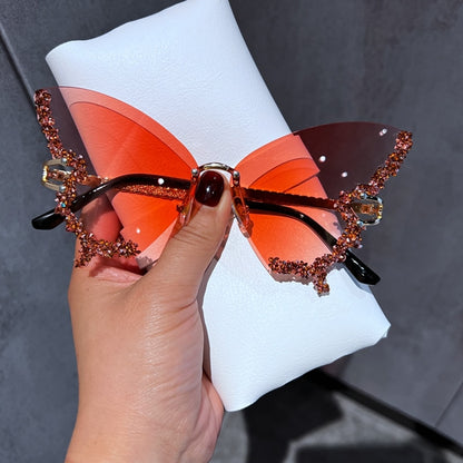 Luxury Diamond Butterfly Sunglasses Women Vintage Rimless Oversized Sun Glasses Ladies Eyewear