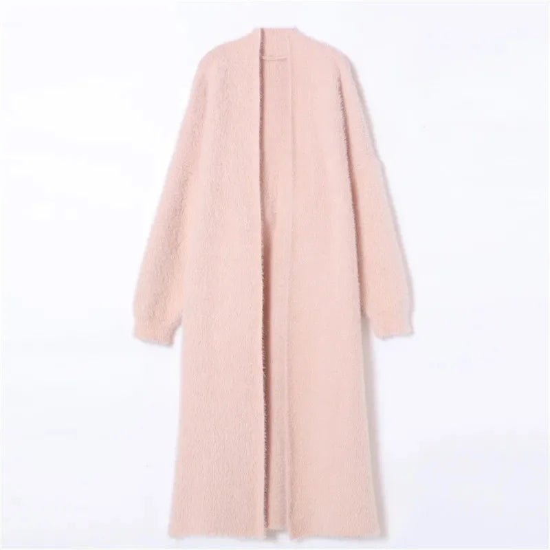 Autumn/Winter Lazy Style Loose Knee Length Thickened Pure Imitation Mink Fleece Knitted Sweater Cardigan Coat