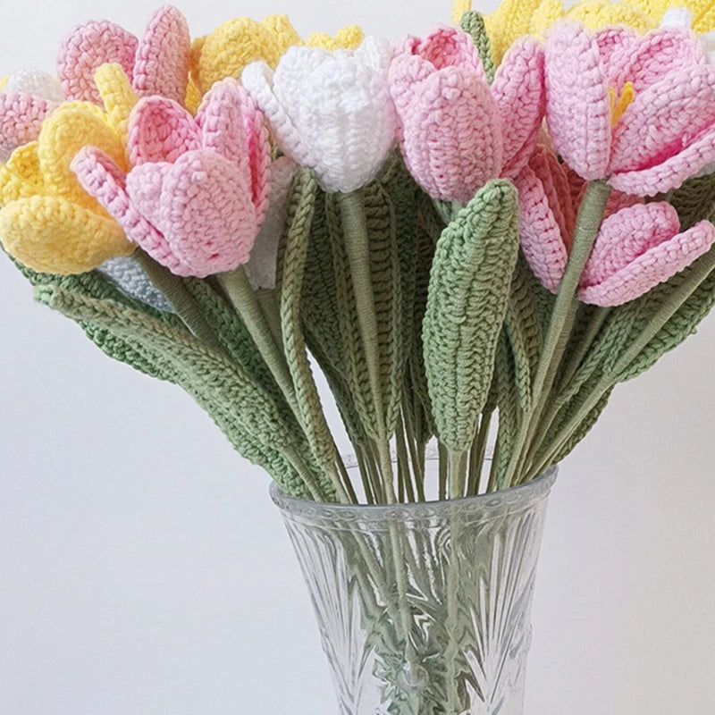 Hand-Knitted Flowers Artificial Tulips Bouquet Cotton Yarn Crochet Fake Flowers Home Table Decor