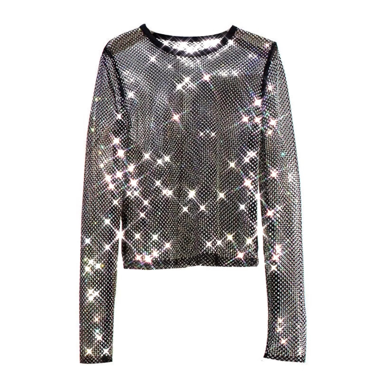 Ladies Temperament Rhinestone Round Neck Long Sleeve Hollow Shiny Bottoming Shirt Top