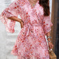 Half Sleeve Flower Print Elegant V-neck Casual A-Line Knee-Length High Waist Dress