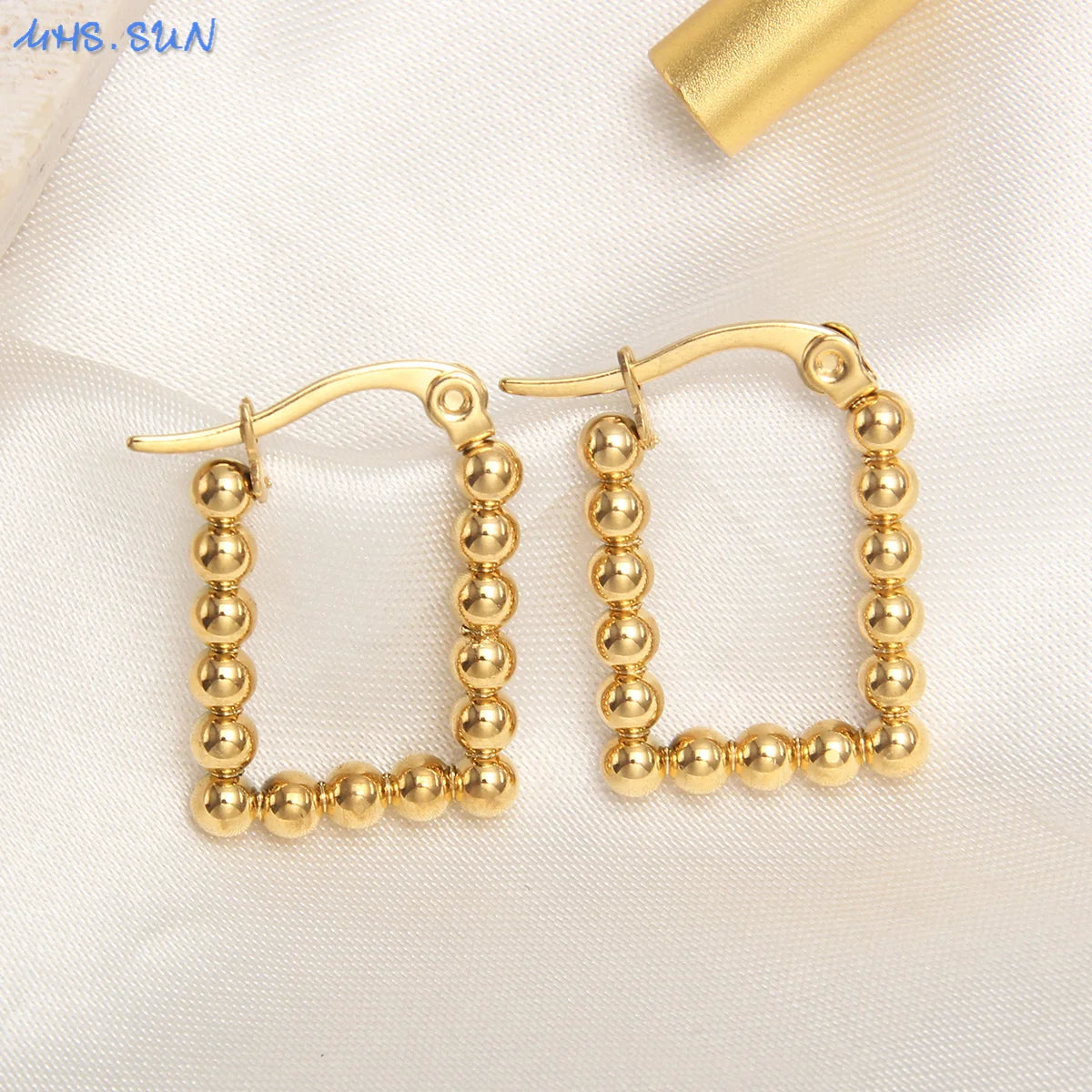 Luxury Gold Plated Square Round Stainless Steel Hoop Earrings Cross Ball Beads Earring