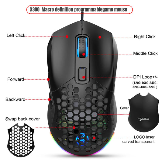 HXSJ X300 RGB Gaming Mouse 7200DPI Mouse Backlit Wired Ergonomic 6 Button Programmable Mouse Gamer Mice for Computer Laptop PC