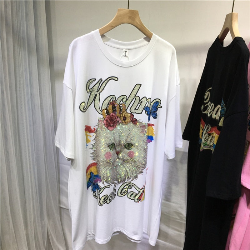 Rhinestone Graphic T-shirts Luxury Large Size Tunic for Women Men Summer Cotton Womens Clothing Chubby