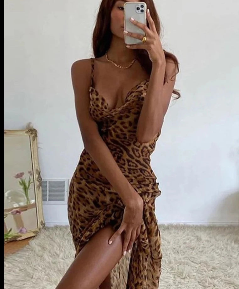 Leopard Print V-Neck Sexy Bodycon Long Dress Women Lace Up Backless Female Straps Party Beach Vestidos