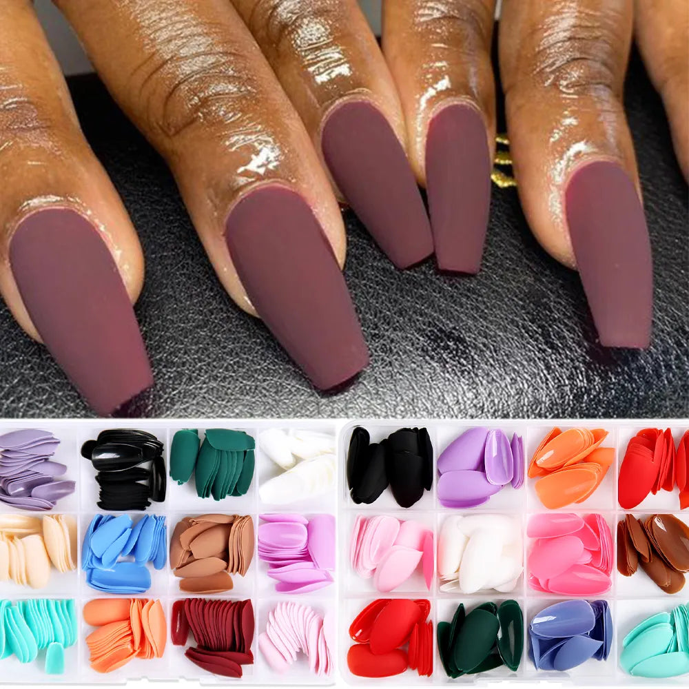 288pc/Box Fake Nails Matte Acrylic Tips Mixed Color Full Cover Artificial Wearable Nail Short Almond Fake Nail Press on Manicure