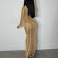 Women Diamonds Hot Drill Striped Mesh See Though Long Sleeve Bodycon Midi Maxi Dress Sexy Club Skinny Party Dresses