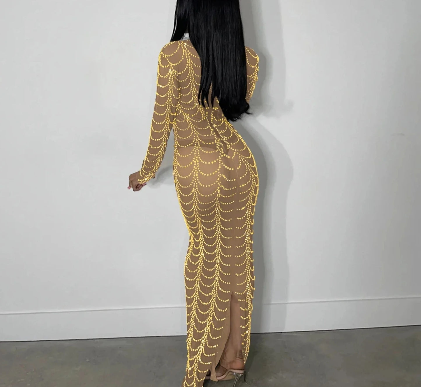 Women Diamonds Hot Drill Striped Mesh See Though Long Sleeve Bodycon Midi Maxi Dress Sexy Club Skinny Party Dresses