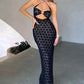 Solid Color Hanging Neck Maxi Dress Sexy Hollow Women Perspective Bag Hips Robe Female Street Trendy Dresses