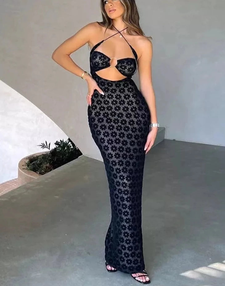 Solid Color Hanging Neck Maxi Dress Sexy Hollow Women Perspective Bag Hips Robe Female Street Trendy Dresses