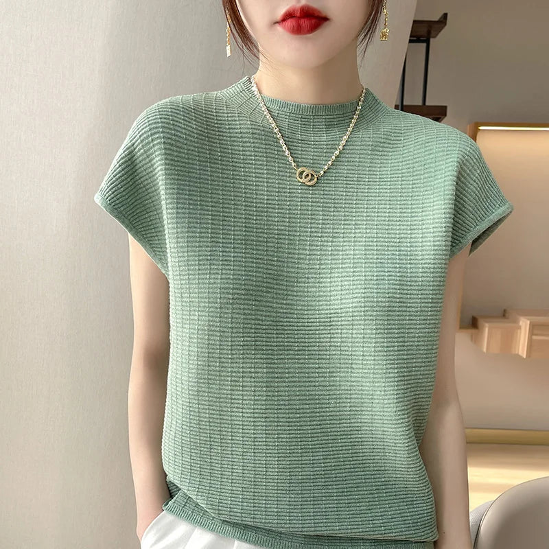 Summer Female T-shirts Short Sleeve Women O-neck Solid Color Tee Mock Neck Casual Soft T Shirt