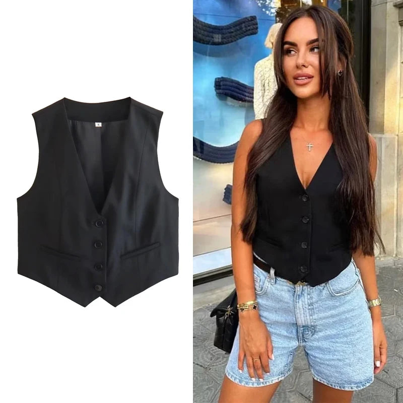 Fashion Sleeveless Vests Button Up Crop Top Office Casual Waistcoat Jacket