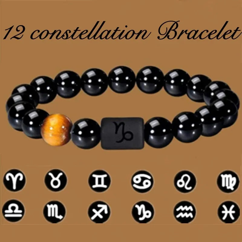 12 Constellation Zodiac Signs Beads Couples Bracelet Natural Black Onyx Stone Elastic Charm Bracelet