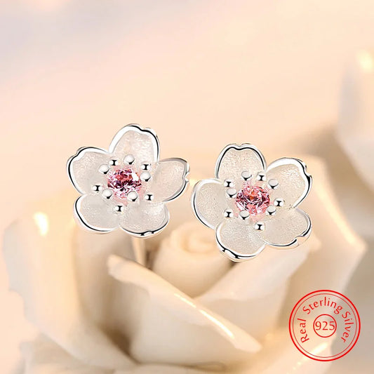 925 Sterling Silver Crystal Jewelry Flower Stud Earrings