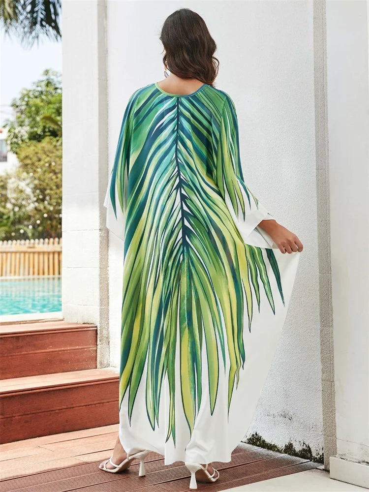 Boho Plus Size Women Clothing Green Plant Leaf Printed Kaftans Beach Wear Dress Cover Up