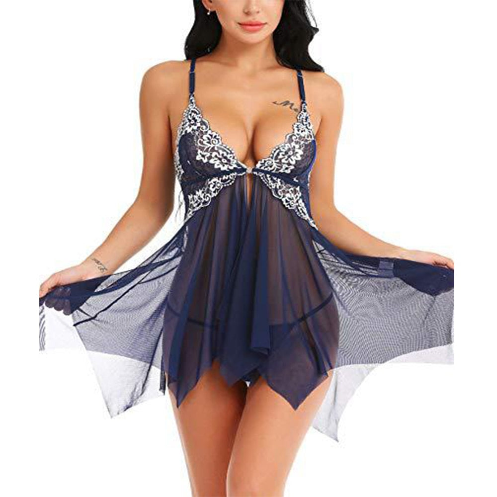 Erotic Clothes Sexy Women Sleepwear Hot Erotic Lingerie Front Closure Babydoll Lace Mesh Sleepwear Set