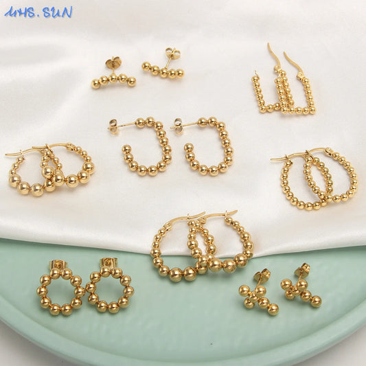 Luxury Gold Plated Square Round Stainless Steel Hoop Earrings Cross Ball Beads Earring