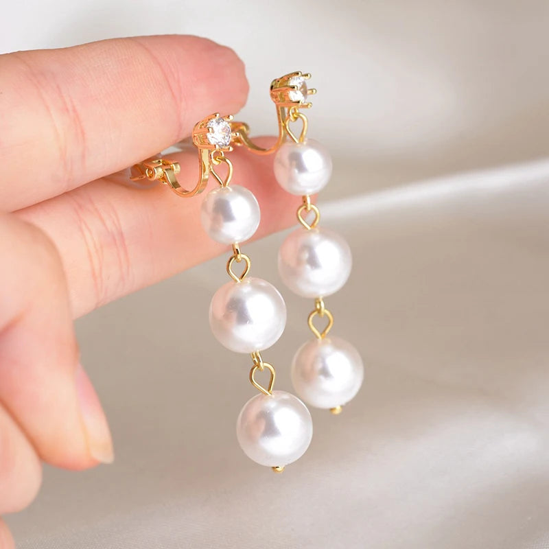 Long Tassel Simulated Pearl Clip on Earrings Bijoux Non Pierced Gold Color