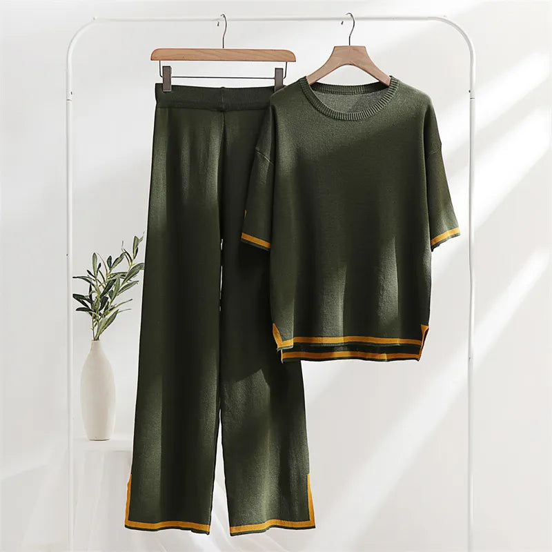 Two Piece Set Elegant Pants Sets Ice Knitted Summer Outfits For Women 2023 Short Sleeve Pajama Suit