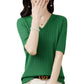 Women Sweater Short Sleeve V-neck Stripe Knitwears Slim Fit Shirt Pullovers Thin Knit Tops