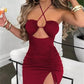 Hollow Out Drawstring Dress Women Sleeveless Backless High Split Elegant Ruched Dress Vestidos Partywear