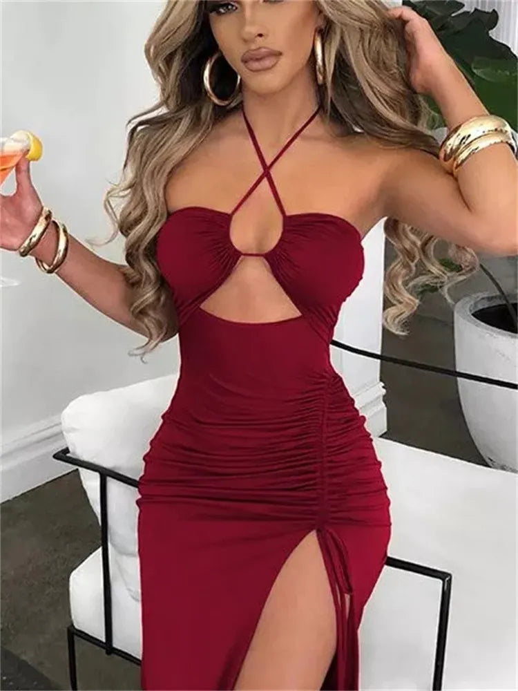 Hollow Out Drawstring Dress Women Sleeveless Backless High Split Elegant Ruched Dress Vestidos Partywear