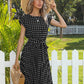 Women Beach Sundress Short Sleeve Polka Dot Print Vestido A-line Floral Elegant High Waist Pleat Casual Midi Dresses