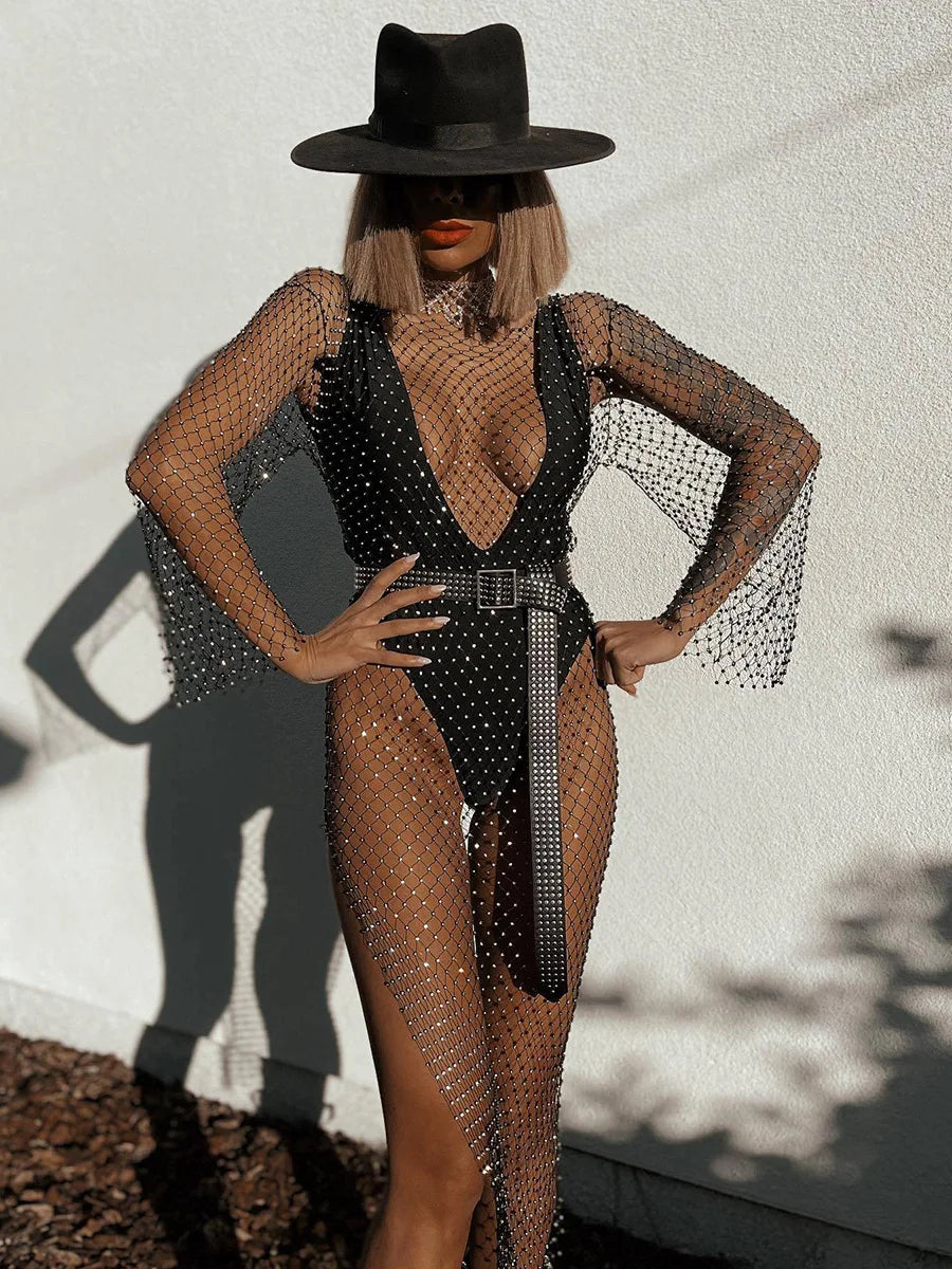 Y2K Sexy Shiny Rhinestones Grid Fishnet Long Sleeve Hollow Out Side Slit Dress