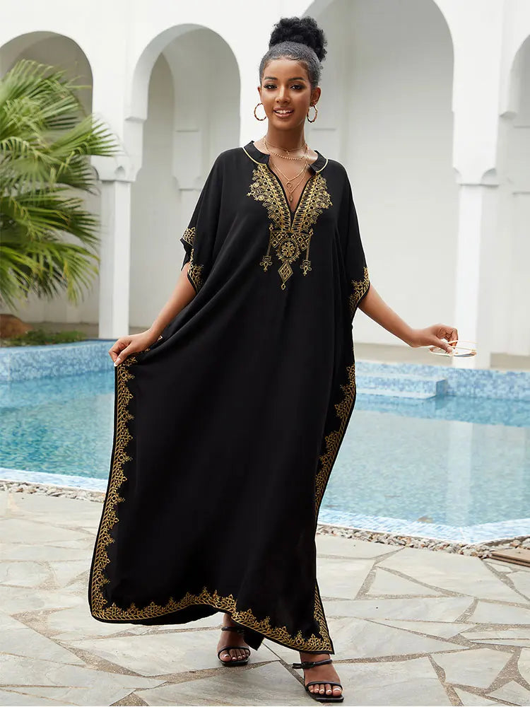 Boho Embroidery V Neck Bikini Cover-ups Summer Autumn Loose Kaftan Dress Women Plus Size Beachwear Swimsuit Cover Up