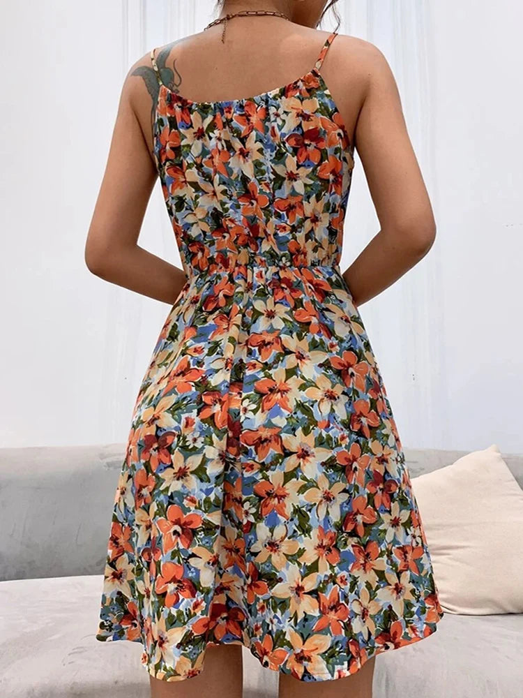 Sexy Floral Print Short Dress Beach Sundress Casual Sleeveless Lace-up